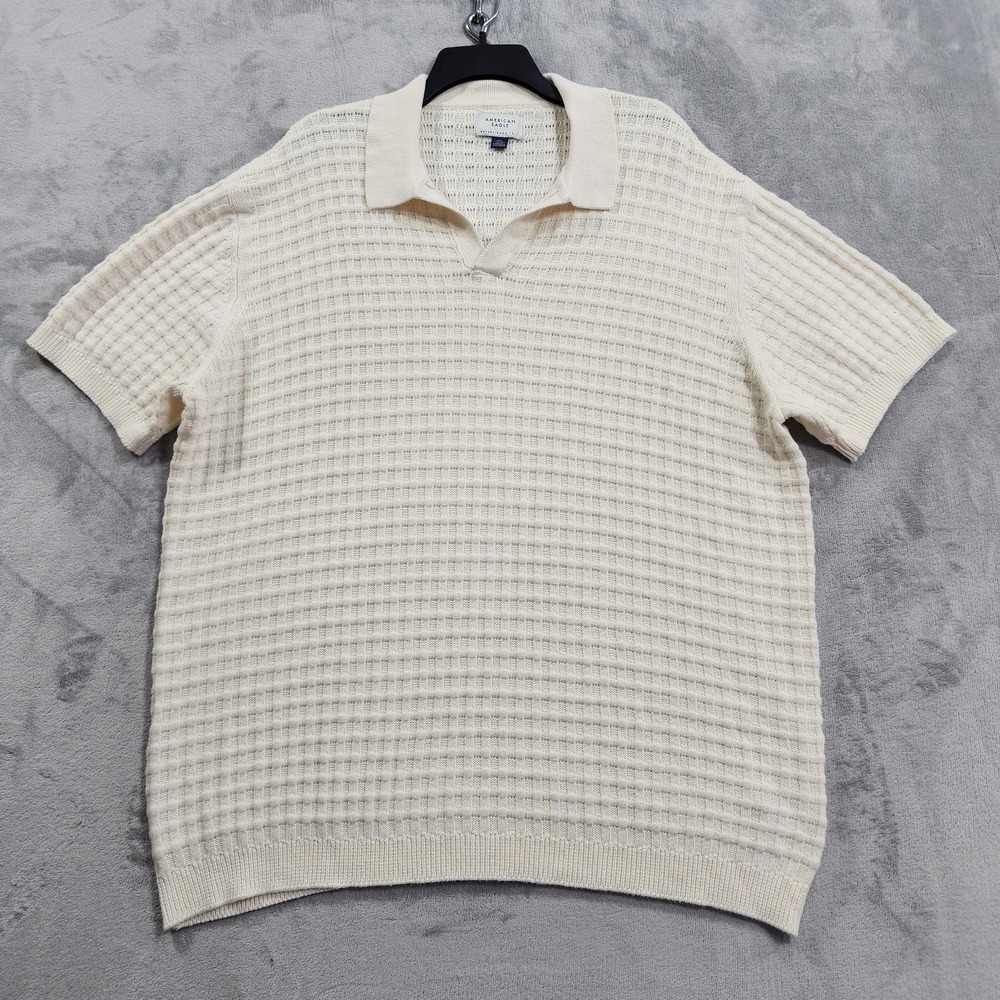 American Eagle Sweater Mens 2XL Cream Collared Knit Polo Short Sleeve Coastal